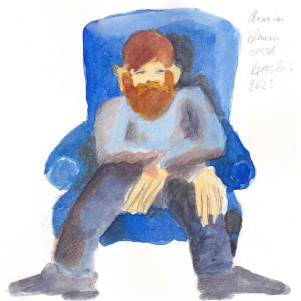 mann im blauen sessel - 15x15cm - aquarell