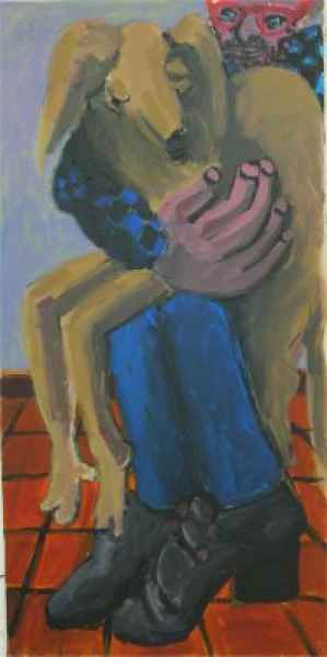 mann mit jungem hund 50x100cm akryllwd